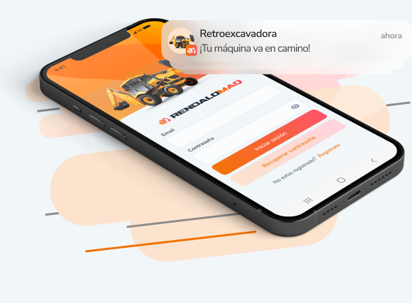 Imagen de un teléfono mostrando en su pantalla la app de RendaloMaq y una notificación, en la notificación se lee '¡Tu máquina va en camino!'